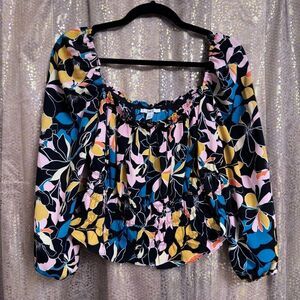 Bar III Black Colorful Floral Miami Bloom Shirred Blouse Small